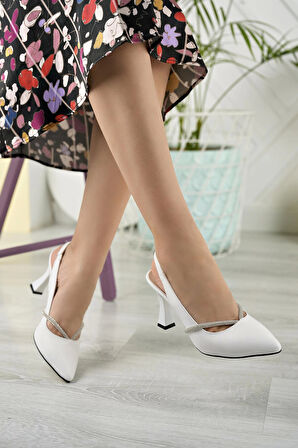 Nesil Shoes Tam 501 Beyaz Taşlı Topuklu Kadın Sandalet