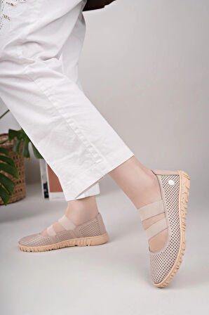 Mammamia D25YA 645 Pudra Hakiki Deri Delikli Kadın Ayakkabı