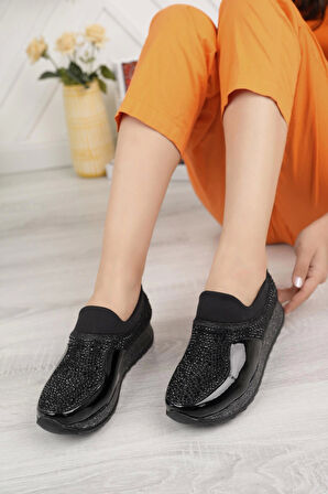 Nesil Shoes Lujo 35 Siyah Rugan Taşlı Kadın Ayakkabı
