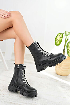 Nesil Shoes İfs 307 Siyah Dili Taşlı Kadın Bot