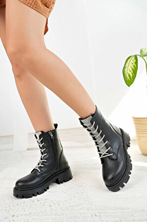 Nesil Shoes İfs 307 Siyah Dili Taşlı Kadın Bot