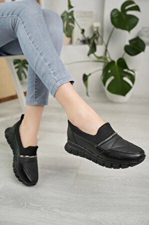 Nesil Shoes Acr 50 Siyah Taşlı Strech Kadın Ayakkabı