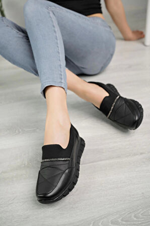 Nesil Shoes Acr 50 Siyah Taşlı Strech Kadın Ayakkabı