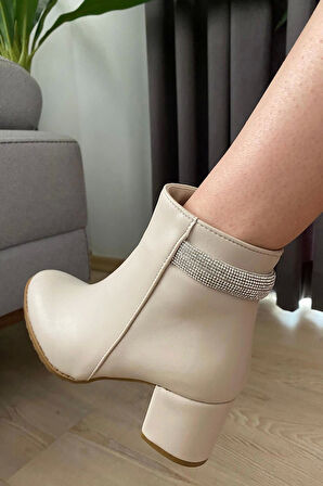 Kadın Trend Arkadan Taşlı ( 6 cm ) Topuklu Oval Burun Bot