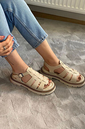 Kadın Desma Bej Kafes Model Vardola Deyatlı  Kalın Taban Ortopedik  Sandalet  K-140