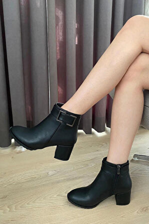 Kadın Trend Siyah Kare Tokalı ( 6 cm ) Topuklu Oval Burun Bot