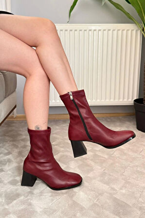 Kadın Marina Bordo Bot 7 cm Kalın Topuklu Streç Boots