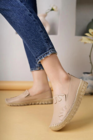 Nesil Shoes Knc 10 Bej Hakiki Deri Şeffaf Taban Kadın Ayakkabı