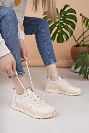 Mammamia D25YA 3275 Krem Hakiki Deri Bağcıklı Kadın Ayakkabı