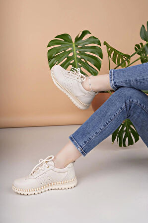 Mammamia D25YA 3275 Krem Hakiki Deri Bağcıklı Kadın Ayakkabı