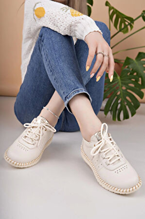 Mammamia D25YA 3275 Krem Hakiki Deri Bağcıklı Kadın Ayakkabı