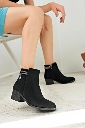Nesil Shoes Bln 5701 Siyah Zümrüt Taşlı Topuklu Kadın Bot