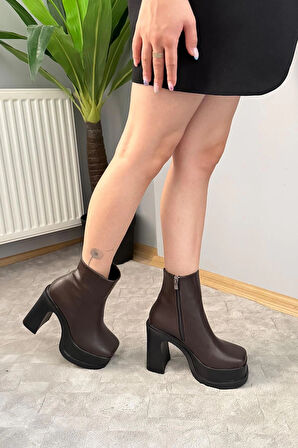 Kadın Sidney Koyu Kahve 12 cm Platform Topuklu Fermuarlı Bot