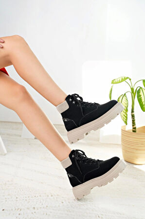 Nesil Shoes Mugo 504 Siyah Süet Bağcıklı Kadın Bot