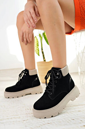 Nesil Shoes Mugo 504 Siyah Süet Bağcıklı Kadın Bot