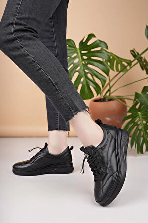 Modessa 123 Siyah Lastik Bağcıklı Hakiki Soft Deri Kadın Ayakkabı