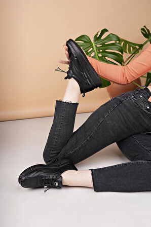 Modessa 123 Siyah Lastik Bağcıklı Hakiki Soft Deri Kadın Ayakkabı