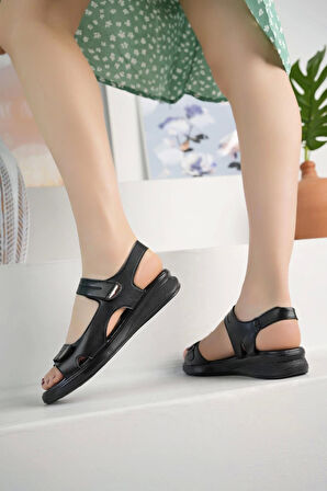 Nesil Shoes Mv 952 Siyah Anatomik Cırtlı Kadın Sandalet