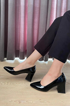 Kadın Nova Siyah Rugan 6,5 cm Kalın Topuklu Stiletto
