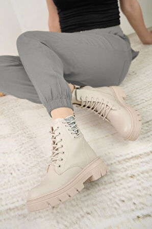 Nesil Shoes Fncy 206 Bej Fermuarlı Kadın Bot