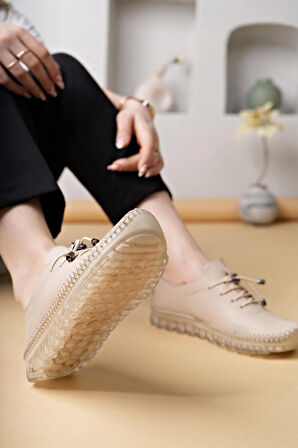 Nesil Shoes Knc 12 Bej Hakiki Deri Şeffaf Taban Kadın Ayakkabı