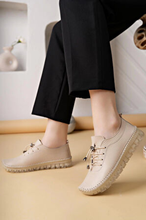 Nesil Shoes Knc 12 Bej Hakiki Deri Şeffaf Taban Kadın Ayakkabı