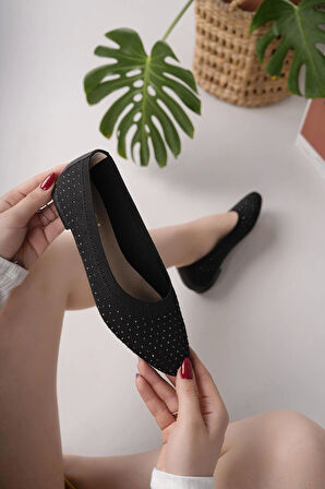 Nesil Shoes Sdf 243 Siyah Triko Taşlı Kadın Babet