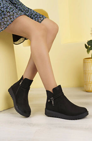 Nesil Shoes Dvm 1001 Siyah Süet Kadın Fermuarlı Kışlık Bot