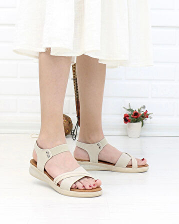Nesil Shoes Mv 953 Krem Anatomik Lastikli Kadın Sandalet