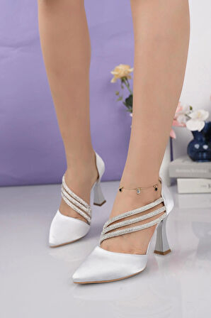 Nesil Shoes Fls 140 Gümüş Saten Taşlı Topuklu Kadın Stiletto