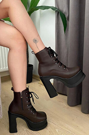 Kadın Simya Kahverengi Bağcıklı Detaylı 12 cm Platform Topuklu Fermuarlı Bot