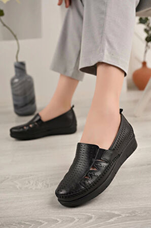 Nesil Shoes Erol 1255 Siyah Hakiki Deri Yazlık Kadın Ayakkabı