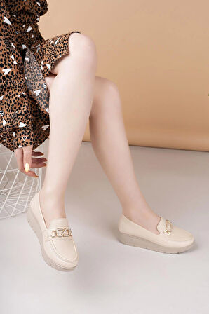 Nesil Shoes Neyna 1044 Bej Dolgu Topuk Kadın Ayakkabı