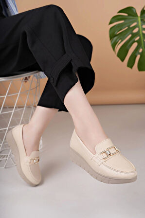 Nesil Shoes Neyna 1042 Bej Dolgu Topuk Kadın Ayakkabı
