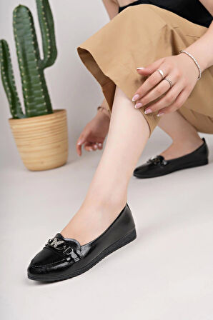 Nesil Shoes Mhd 68 Siyah Rugan Taşlı Günlük Kadın Babet