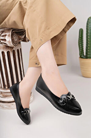 Nesil Shoes Mhd 68 Siyah Rugan Taşlı Günlük Kadın Babet