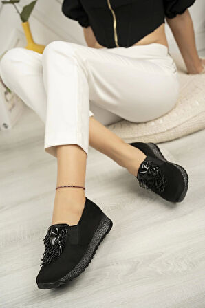Nesil Shoes Sdf 332 Siyah Süet Taşlı Kadın Ayakkabı