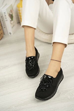 Nesil Shoes Sdf 332 Siyah Süet Taşlı Kadın Ayakkabı