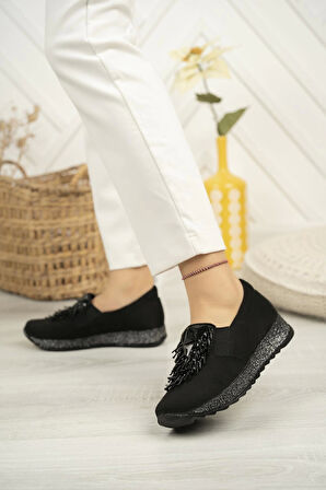 Nesil Shoes Sdf 332 Siyah Süet Taşlı Kadın Ayakkabı