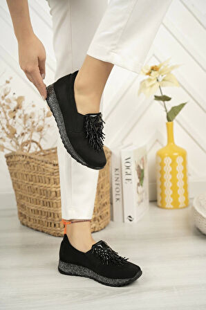 Nesil Shoes Sdf 332 Siyah Süet Taşlı Kadın Ayakkabı