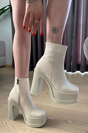 Kadın Sidney Krem 12 cm Platform Topuklu Fermuarlı Bot