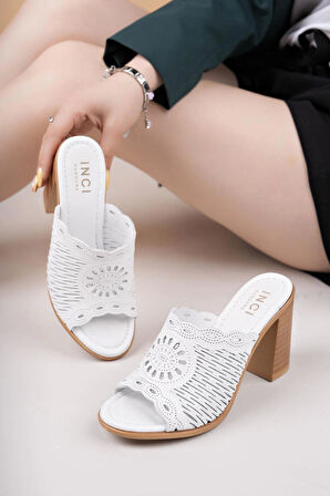 MyShoes 2200 Beyaz Hakiki Soft Deri Kadın Topuklu Terlik