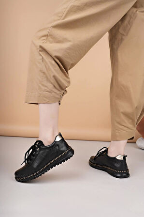 Mammamia D25YA 3275 Siyah Hakiki Deri Bağcıklı Kadın Ayakkabı