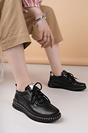 Mammamia D25YA 3275 Siyah Hakiki Deri Bağcıklı Kadın Ayakkabı