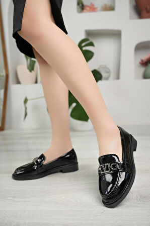 Nesil Shoes Süha 204 Siyah Rugan Anatomik Kadın Lofer