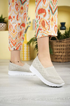 Nesil Shoes Aky 055 Krem Triko Yazlık Kadın Ayakkabı