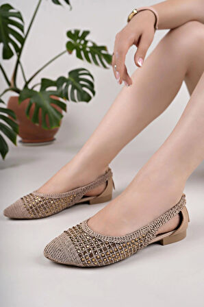 Nesil Shoes Ceylan 230 Nude Taşlı Hasır Kadın Babet