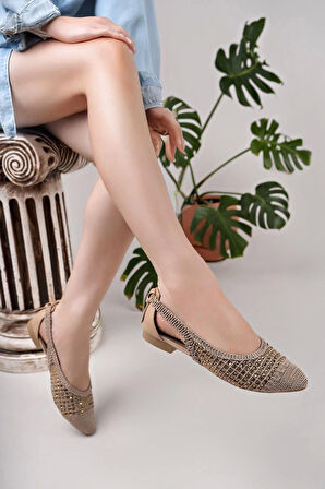 Nesil Shoes Ceylan 230 Nude Taşlı Hasır Kadın Babet