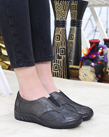 Capella 304 Çelik Siyah Hakiki Deri Günlük Kadın Yürüyüş Ayakkabı