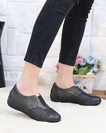 Capella 304 Çelik Siyah Hakiki Deri Günlük Kadın Yürüyüş Ayakkabı